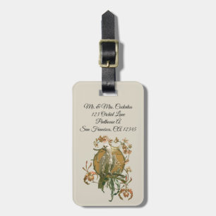 Étiquette À Bagage Art Nouveau vintage, oiseau cacatoès, fleurs d'orc