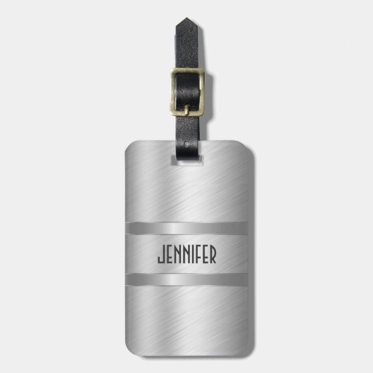 Étiquette À Bagage Aspect en aluminium brossé monogramme en argent mé (Devant Vertical)