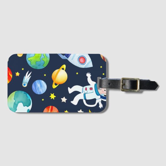 Étiquette À Bagage Astronaut in Space Planets and Rockets Pattern (Devant Horizontal)