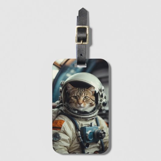 Étiquette À Bagage Astronaute de chat gris dans l'espace (Devant Vertical)
