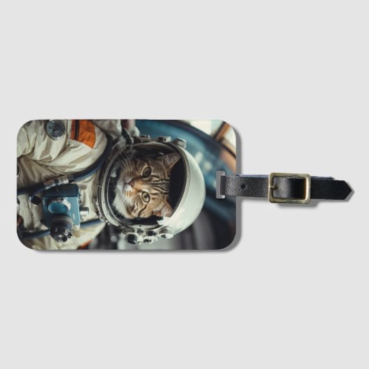 Étiquette À Bagage Astronaute de chat gris dans l'espace (Devant Horizontal)