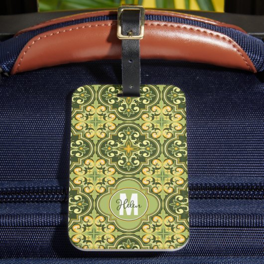 Étiquette À Bagage Avec son nom 💚 💛 olive et jaune Azulejos Luggag (Insitu Rectoal 2)