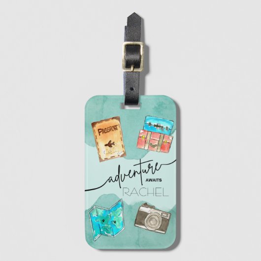Étiquette À Bagage Aventures Await Watercolor (Devant Vertical)