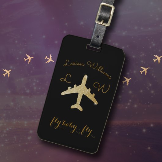 Étiquette À Bagage Avion avec nom et initiales, Voyage d'or