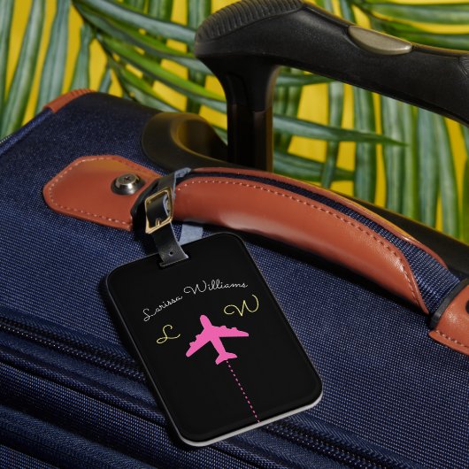 Étiquette À Bagage avion avec nom et initiales voyage rose (Insitu Rectoal 1)