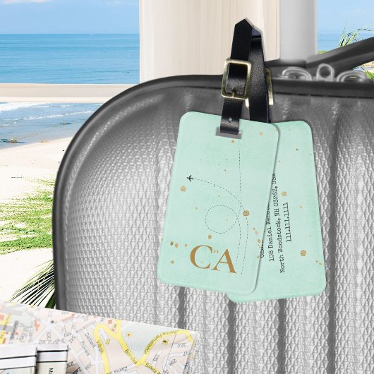 Étiquette À Bagage Avion Monogram Gold Turquoise léger