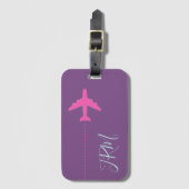 Étiquette À Bagage avion rose personnalisé sur violet monogrammed (Devant Vertical)