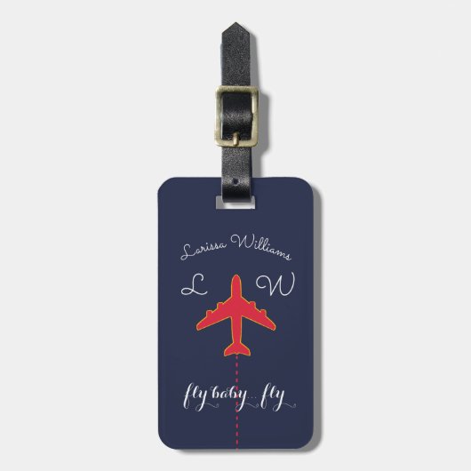 Étiquette À Bagage Avion rouge avec nom et initiales, voyage (Devant Vertical)