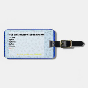 Étiquette À Bagage Badge de carte d'information d'urgence pour animau