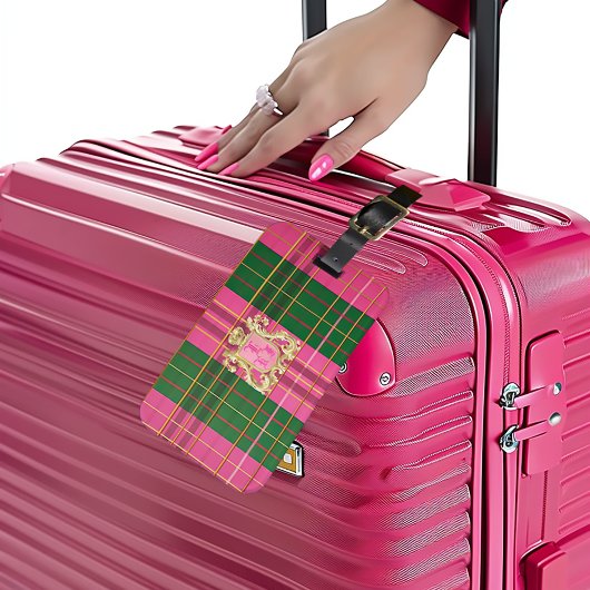 Étiquette À Bagage Balise Chic Monogrammed Pink and Green Plaid