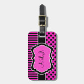 Étiquette À Bagage Balise de bagage avec points polk rayés rose, noir (Devant Vertical)