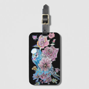 Étiquette À Bagage Balise de bagage bleu Budgie Black Floral