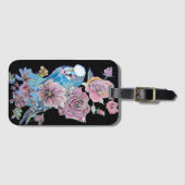 Étiquette À Bagage Balise de bagage bleu Budgie Black Floral (Devant Horizontal)