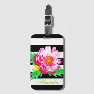 Étiquette À Bagage Balise de bagage Monogram Pink Peony noir & blanc