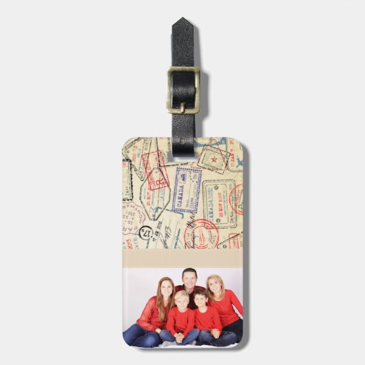 Étiquette À Bagage Balise de bagage photo avec timbres de voyage (Devant Vertical)