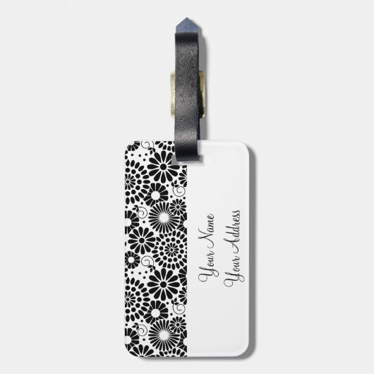 Étiquette À Bagage Balise de bagage Retro noir Fleurs blanches (Dos Vertical)