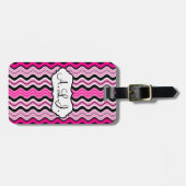 Étiquette À Bagage Balise de bagage rose, noir, blanc à rayures ondul (Devant horizontal)