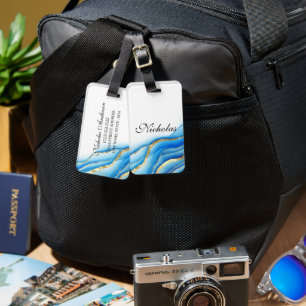 Étiquette À Bagage Balise de bagages bleu et or personnalisée