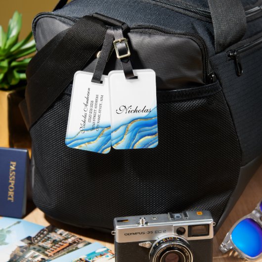 Étiquette À Bagage Balise de bagages bleu et or personnalisée (Recto & Verso)