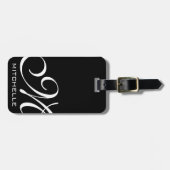 Étiquette À Bagage Balise de bagages monogramme de script QR noir (Devant horizontal)