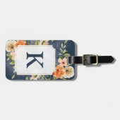 Étiquette À Bagage Balise de bagages Monogramme floral Marine et Pêch (Devant horizontal)