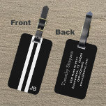 Étiquette À Bagage Balise de bagages Monogramme noir avec bandes blan<br><div class="desc">Vous vous préparez à voyager et vous cherchez une étiquette de bagage noire? Ces étiquettes pour vous. Doté d'une bande noire au centre avec deux rayures blanches à côté et de noir sur le côté, ce bagage noir est un design classique avec une touche moderne. En outre, il peut être...</div>