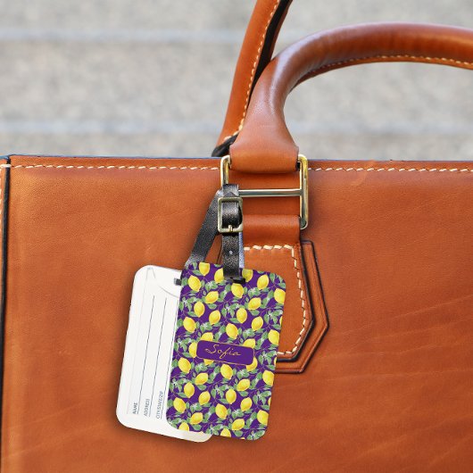 Étiquette À Bagage Balise de motif jaune citron violet