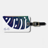 Étiquette À Bagage Balise Feuille Tropicale Bleue, Bagage Blanc (Devant horizontal)