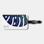 Étiquette À Bagage Balise Feuille Tropicale Bleue, Bagage Blanc (Dos horizontal)