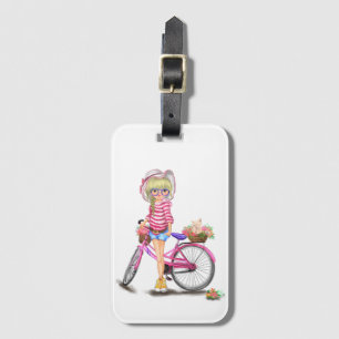 Étiquette À Bagage Balise fille avec un vélo rose