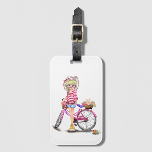 Étiquette À Bagage Balise fille avec un vélo rose (Devant Vertical)