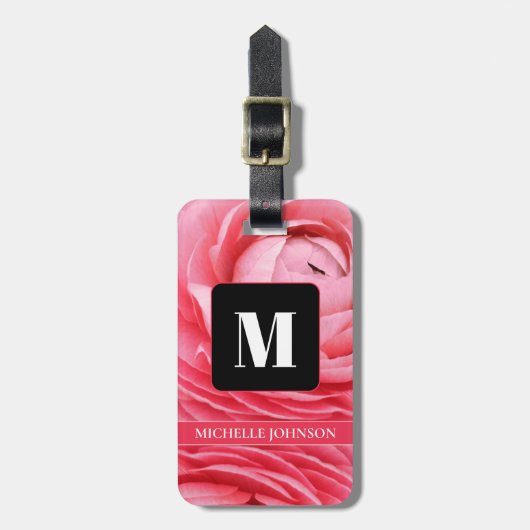 Étiquette À Bagage Balise Fleur rose avec bagages Monogramme (Devant Vertical)