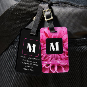 Étiquette À Bagage Balise Fleur rose avec bagages Monogramme