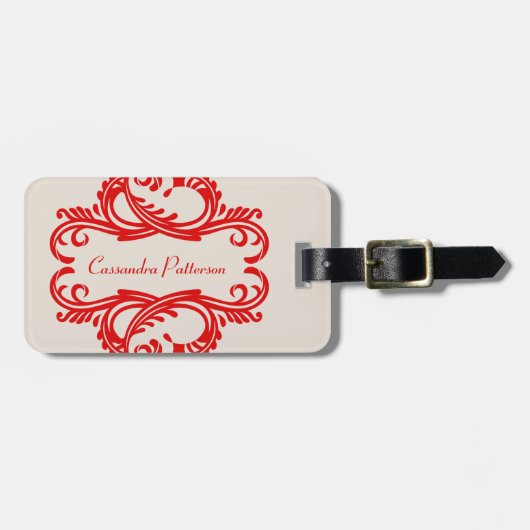 Étiquette À Bagage Balise rouge Chic Damask (Devant horizontal)