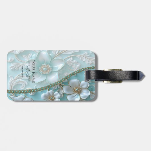 Étiquette À Bagage Balise turquoise blanc floral (Dos horizontal)