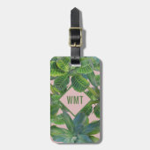 Étiquette À Bagage Balise verte Feuille tropicale Monogramme Pink (Devant Vertical)