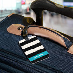 Étiquette À Bagage Bande moderne noire, crème et turquoise<br><div class="desc">Le tag bagage chic est doté de larges rayures noires et crème avec un accent bleu aqua turquoise estivale. Customisez le dos avec votre nom et vos coordonnées.</div>