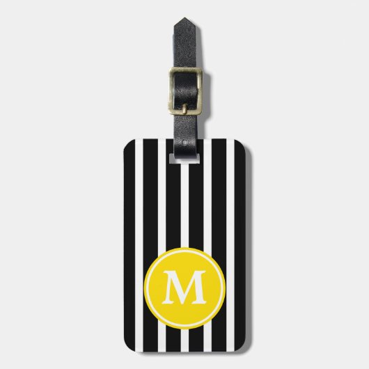 Étiquette À Bagage Bande noire et blanche avec monogramme jaune (Devant Vertical)