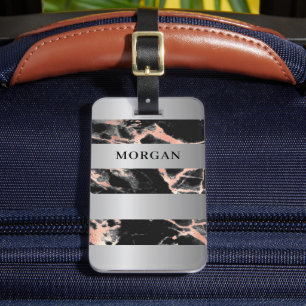 Étiquette À Bagage Bandes d'argent, Marbre d'or noir et Rose, nom