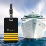 Étiquette À Bagage Bandes de capitaine de navire en or noir<br><div class="desc">Style marin et nautique,  quatre rayures jaunes de capitaine sur le noir. Ajoutez votre nom sur l'avant,  le nom et les coordonnées sur l'arrière. Lettres jaune/orange.</div>