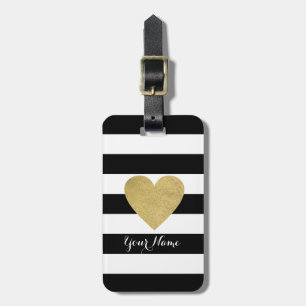 Étiquette À Bagage Bandes noires et blanches avec coeur à huile d'or
