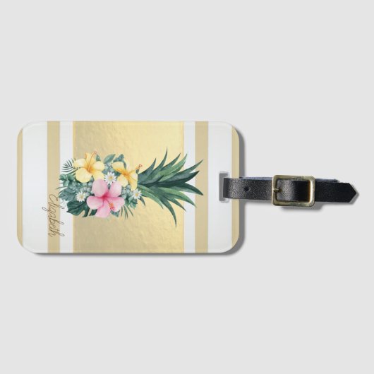 Étiquette À Bagage Bandes Or Modernes, Ananas, Fleurs (Devant Horizontal)
