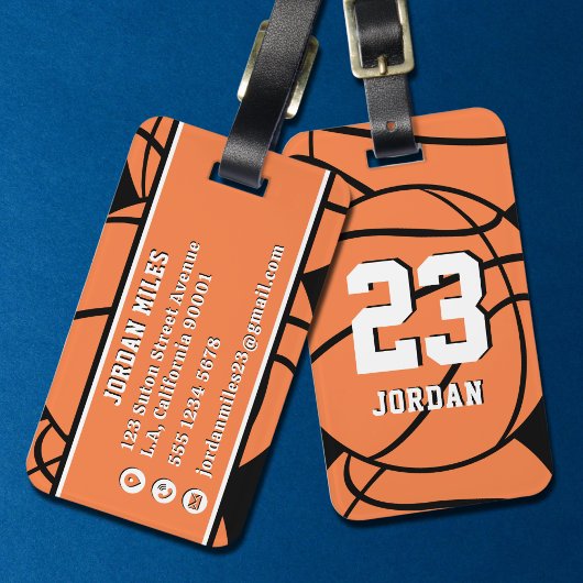 Étiquette À Bagage Basketball Orange Ball Custom Name & Jersey Number