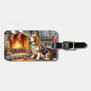 Étiquette À Bagage Basset Hound Cheminée avec Lumières de Noël