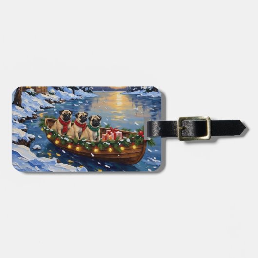 Étiquette À Bagage Bateau de Noël Pug Fêtes (Devant horizontal)