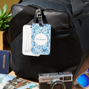 Étiquette À Bagage Batik floral bleu blanc