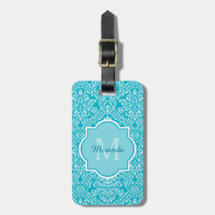 Étiquette À Bagage Beau monogramme de motif de damassé de turquoise