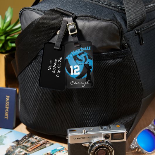 Étiquette À Bagage Bébé Bleu et Black Sporty Volleyball (Recto & Verso)