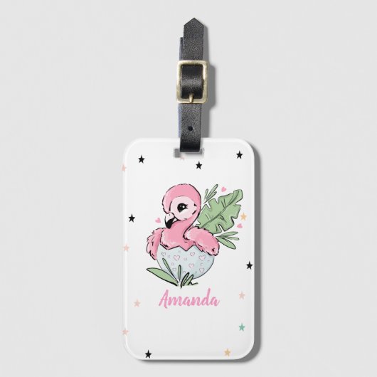 Étiquette À Bagage Bébé flamant rose chic, étoiles, princesse (Devant Vertical)