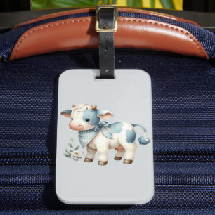 Étiquette À Bagage Bébé Vache Gingham Bleu Pastel Esthétique Ferme